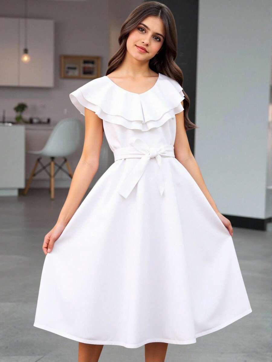 青少年女孩荷葉邊多層邊繫腰帶連衣裙