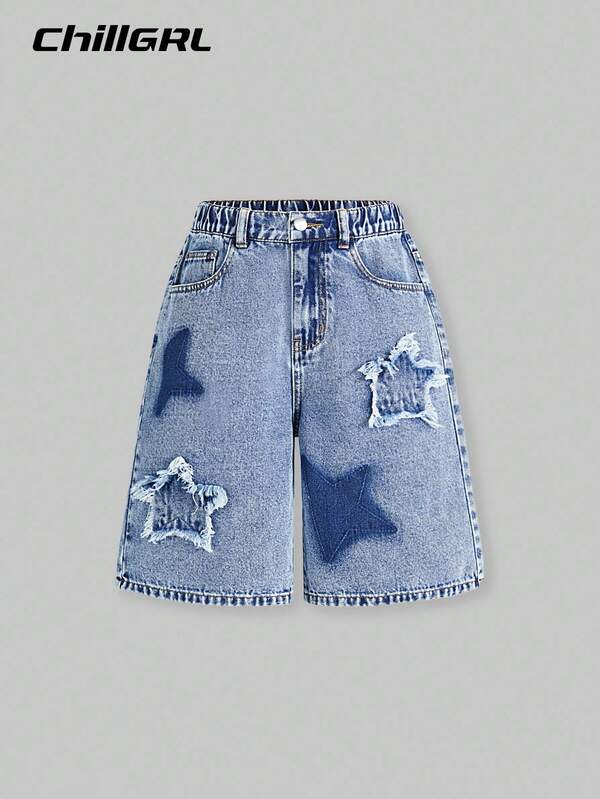 SHEIN Tween Girl' Y2K Streetwear Chic Acid Washed Distressed Blue Star Embroidery Elastic Waist Loose Denim Shorts, School, Campus, College