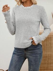 EMERY ROSE 全新秋冬焕新套头高领柔软蕾丝针织毛衣，百搭优雅，适合女士灰色毛衣女士毛衣蕾丝边毛衣浅灰色上衣立领毛衣 - 灰色 - 查看 11