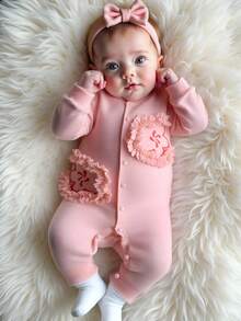 SHEIN 新生女婴连体衣，时尚简约字母刺绣长裤长袖毛衣连体衣，柔软针织舒适 - 粉色 - 查看 4