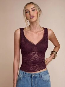 SHEIN BAE Burgundy Maroon Solid Color V-Neck Lace Sleeveless Fashion Vest, Burgundy Vest, Christmas Tops, Party Tops, Going Out Tops, Club Tops, Thanksgiving Tops, New Year Tops, Charming Tops,