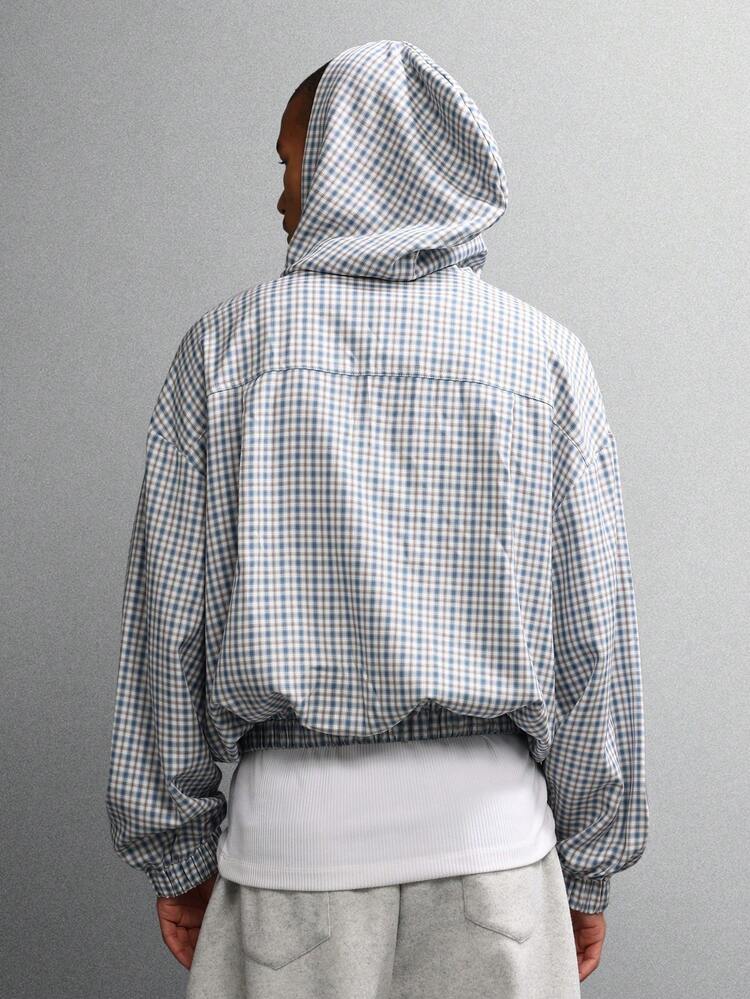 Check Print Zip Up Hooded Shirt With Side Pockets