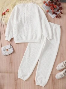 SHEIN 青少年女孩两件套白色纹理休闲基本款字母图案运动衫和运动裤，秋冬，运动服，返校季 - 白色 - 查看 2