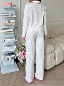 SHEIN Teen Girls Pajamas Cute Heart Contrast Trim Collar Girl Pajama Set Pajamas For Teens Heart Print Pajamas Girls Pajama Set Teen Girl Pajamas Lounge Set Fall Winter