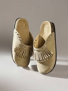 Solecia Giày Brogues mũi tròn có tua rua dành cho nữ, giày bệt có quai khóa kép đính đá lấp lánh, thoải mái khi đi làm, dự tiệc, đi làm, thời trang đa năng - Màu Khaki - Xem 6