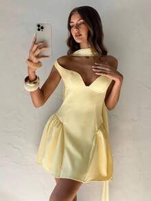 Aloruh Women's Off Shoulder Ruffle Hem Fashionable Mini Dress, Light Yellow - Light Yellow - View 3