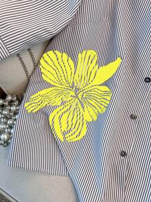 SHEIN Clasi 大码休闲黑白条纹花卉印花衬衫 - 黃色 - 查看 5