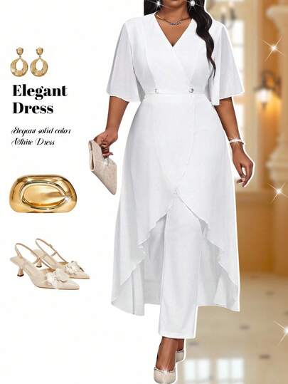 Fleurora Spring And Summer Elegant Modest Party Wedding Cocktail Party Concert/Music Festival White Woven Chiffon Overlap Collar Flared Flowy Flounce Sleeve Gold Button Short Sleeve Plus Size Co-Ords Plus Size Women's Solid Color V-Neck Ruffle Short Sleeve High-Low Hem Long Top And Pants Elegant 2 Pieces Set Elegant Women's Set Chic Women's Set
