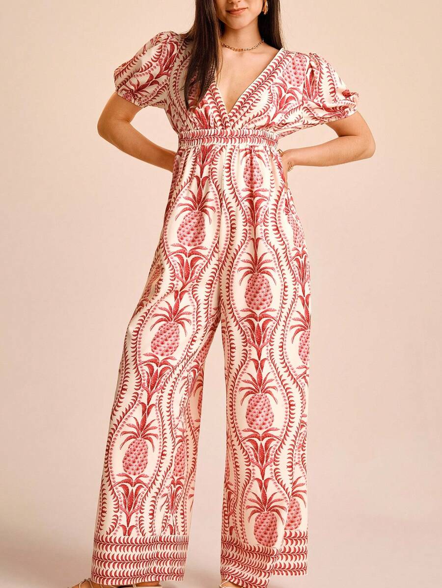 CAJUNI 女式休闲V领印花连体裤 - 彩色 - 查看 1