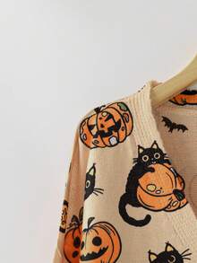 SHEIN LUNE Plus Size Women Colorful Pumpkin Pattern Casual Loose Knit Cardigan Fall Winter Cloth For Women Autumn Halloween - Orange - View 3