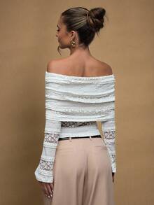 SHEIN BAE Women's Simple And Elegant White Solid Color Perspective Texture Lace Off-Shoulder Slim-Fit Long-Sleeved Top, Lace Top, Brunch Top, Elegant Top, Date, Going Out,Business Casual Woman - White - View 2