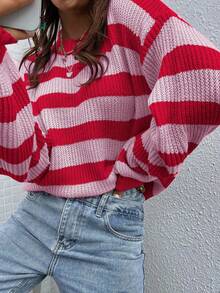 EMERY ROSE 休闲宽松落肩拼色条纹毛衣，秋/春条纹毛衣女款红粉条纹毛衣女款条纹套头衫条纹套头衫女款灯笼袖毛衣 - 彩色 - 查看 7