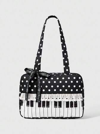 Anime 1pc Cute Sweet Bow Heart Lace Patchwork Polka Dot Pop Art Women Tote Bag, 2nd Gen Snack Quantity Music Note Music Festival Transparent Layer Badge Doll Display Shoulder Bag, Suitable For Shopping, Campus