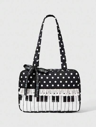 Anime 1pc Cute Sweet Bow Heart Lace Patchwork Polka Dot Pop Art Women Tote Bag, 2nd Gen Snack Quantity Music Note Music Festival Transparent Layer Badge Doll Display Shoulder Bag, Suitable For Shopping, Campus