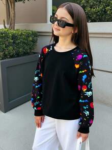 SHEIN Tween Girls' Sporty Street Style Knit Crew Neck Long Sleeve Sweatshirt,In Fall/Winter