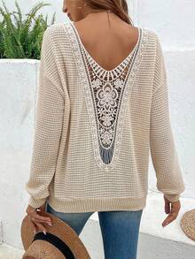 EMERY ROSE Women's Casual Loose Contrast Lace Drop Shoulder Long Sleeve Sweatshirt, Autumn - Apricot - View 1