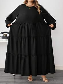 SHEIN CURVE+ Plus Size Women's Spring Summer Solid Round Neck Lantern Sleeve Ruffle Hem Loose Casual Dress Maxi Women Outfit/Autumn /Winter