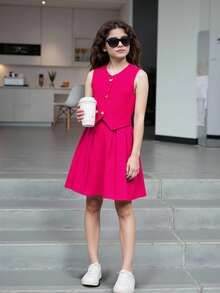 中學生女生荷葉邊裙子優雅2件式上衣套裝 - 玫紅色 - 查看 6