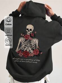 RueChic Cotton Men Skeleton & Slogan Graphic Drop Shoulder Drawstring Hoodie - Dark Grey - View 1