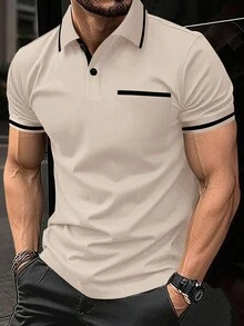 Manfinity Homme Men's Contrast Trim Button Polo Shirt, Casual Summer Short Sleeve Mens Casual Tops Mens Golf Shirt