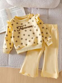 SHEIN Infant Girls' Apricot Long Sleeve Top And Pants Set, Versatile Autumn Outfit Fall Winter