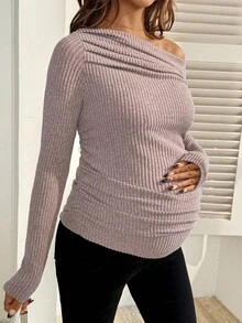 SHEIN Autumn And Winter Maternity Solid Color Ruched Ribbed Oblique Shoulder Long Sleeve Fitted T-Shirt - Dusty Pink - View 6