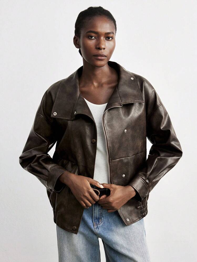 SHEIN Maija 2025 Autumn/Winter High Collar Asymmetric Placket Loose Drop Shoulder Coffee Brown PU Jacket, Suitable For Modern Urban Early Autumn Back To School Season, Autumn, Winter New Year, Brown Jacket,Classic And Wearable, Old-Money Style, Understated And Chic