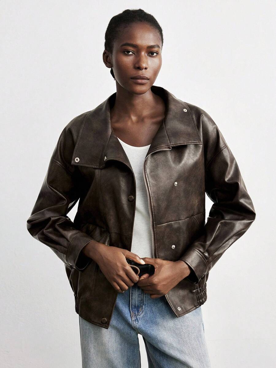 Maija 2025 Autumn/Winter High Collar Asymmetric Placket Loose Drop Shoulder Coffee Brown PU Jacket, Suitable For Modern Urban Early Autumn Back To School Season, Autumn, Winter New Year, Brown Jacket,Classic And Wearable, Old-Money Style, Understated And Chic - Coffee Brown - View 1