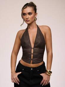 SHEIN BAE Áo ba lỗ hở lưng cổ yếm màu trơn thời trang cho nữ - màu nâu - Xem 3