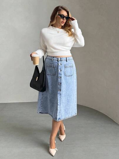 Auralis 大码女式单排扣双口袋休闲牛仔裙