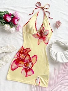 Soleia 女士性感花卉印花露背挂脖迷你连衣裙，夏季 - 黃色 - 查看 4