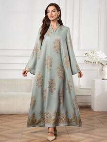 Al Najma 女士优雅印花长袖阿拉伯风格连衣裙 - 彩色 - 查看 4