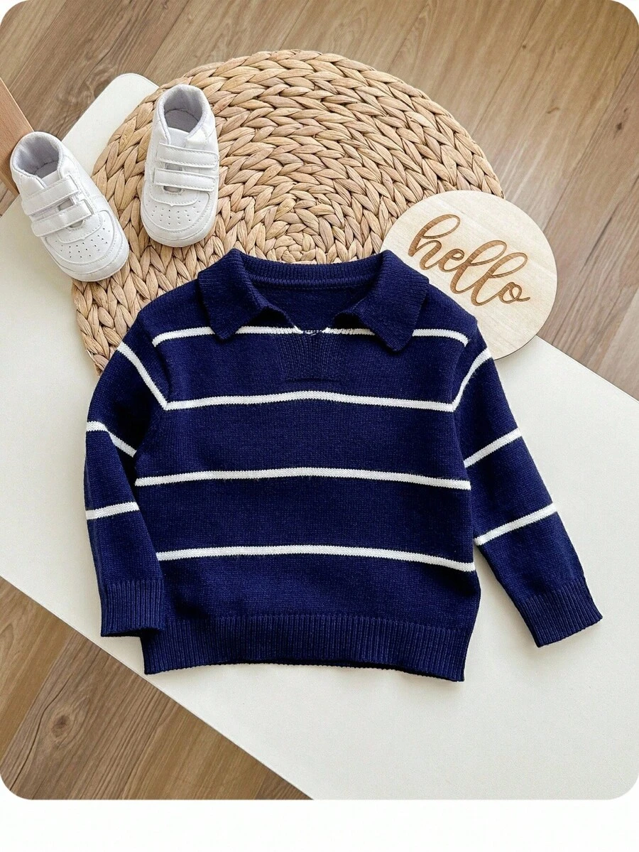 SHEIN Baby Boy/Girl Casual Versatile Colorful Striped Collared Half-Zip Pullover Sweater,In Fall/Winter - Multicolor - View 1