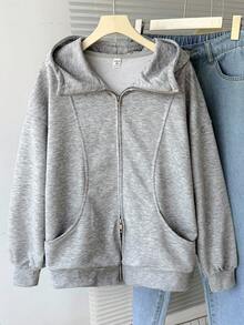SHEIN 青少年女孩灰色前拉链长袖连帽衫，带口袋，休闲简约 - 淺灰色 - 查看 5
