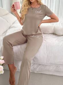 Women's Round Neck Short Sleeve Letter Print Casual Top And Pants Pajama Set - Khaki - View 6
