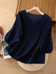 Bluzka Linhara Plus Size damska, elegancka, z długim rękawem i dekoltem w serek, w kolorze żółtym, haftowana, modna na jesienne ubrania