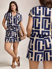 Zelara 加大码夏季海军蓝连体裤，带不对称几何印花，母亲节礼物，女士航海休闲装，沿海航海装，海军蓝连体裤，女士防晒连体裤