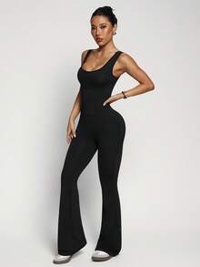 Dewbera Plain Black Sleeveless Sports Unitard With Comfortable Fabric And Stylish Design Flare Jumpsuit Jumpsuit For Women Bodycon Jumpsuit Flared Leggings Jumpsuit
