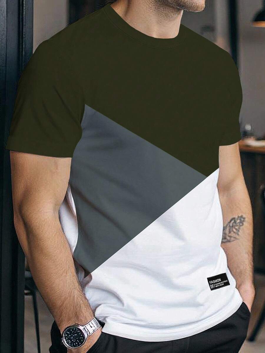 Manfinity Homme 男士休闲拼色短袖T恤,夏季 - 軍綠色 - 查看 1