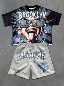 PAVTROS 男士休闲印花T恤和短裤套装，夏季，2000年代风格 - 彩色 - 查看 1