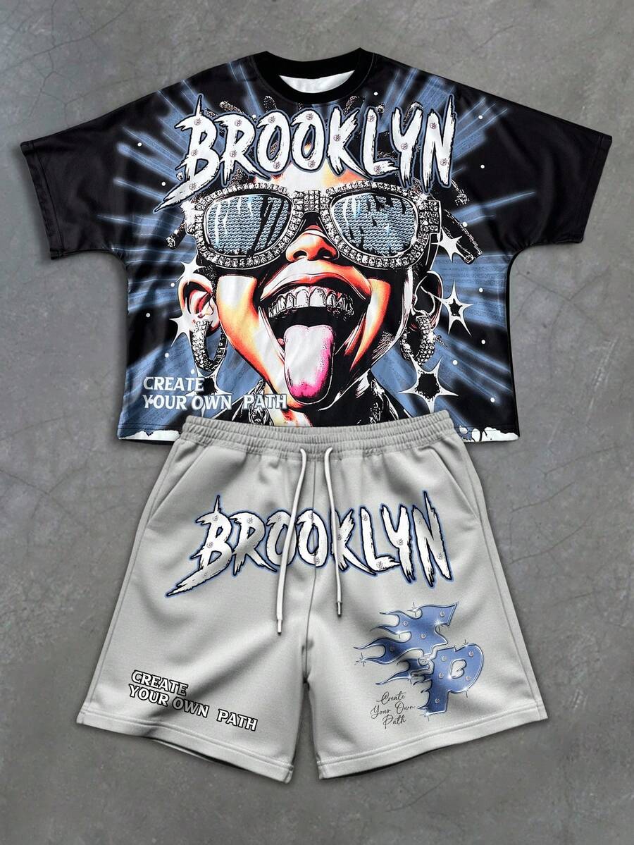 PAVTROS 男士休闲印花T恤和短裤套装，夏季，2000年代风格 - 彩色 - 查看 1