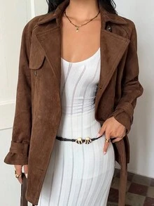 SHEIN Unity Women's Vintage Deer Suede Double-Breasted Belted Regular Jacket - Brown - View 4