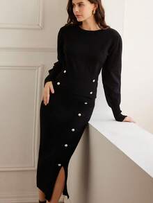 Chiquease 2pcs Set: Crew Neck Pullover Sweater With Button Decor & Midi Skirt - Black - View 3
