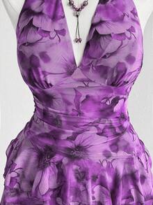 Sunspun 大码女式全印花无袖连衣裙，不对称荷叶边下摆，度假风格 - 紫色 - 查看 5