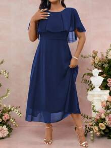 Cravure 女士加大码圆领宽松纯色优雅长款雪纺连衣裙夏季女装春装优雅正式女装婚礼女装婚礼宾客