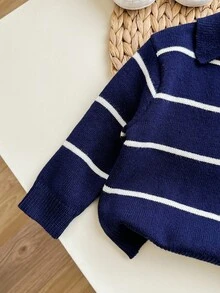 SHEIN Baby Boy/Girl Casual Versatile Colorful Striped Collared Half-Zip Pullover Sweater,In Fall/Winter - Multicolor - View 3