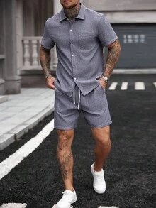 Manfinity Homme 2pcs Men's Casual Bicolor Mesh Short Sleeve Shorts Set - Blue - View 6