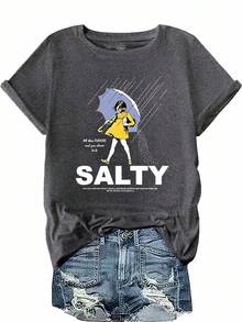 EMERY ROSE Salty With Umbrella Graphic Tee - Vintage Style Summer Beachwear For Women, Perfect For Vacation And Everyday Wear, Crew Neck T-Shirt