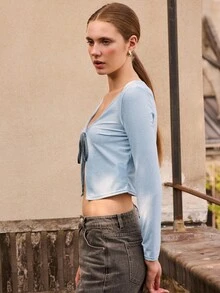 lacRébo Silver Metallic Lurex Long Sleeve Tie Front Party Top Fall Women Autumn Spring Summer - Baby Blue - View 6