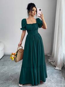 Rafferiza Women's Square Neck Puff Sleeve Front Tie Backless Cinched Waist Dress